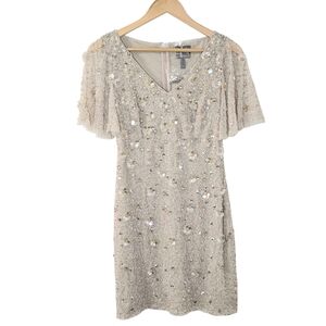 Adrianna Papell Floral Flutter Beaded Sheath Biscotti Dress Women's Size 4